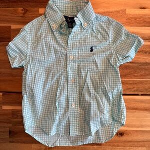 Ralph Lauren Boys 2T Cotton Poplin Short-Sleeve Shirt Aqua and White